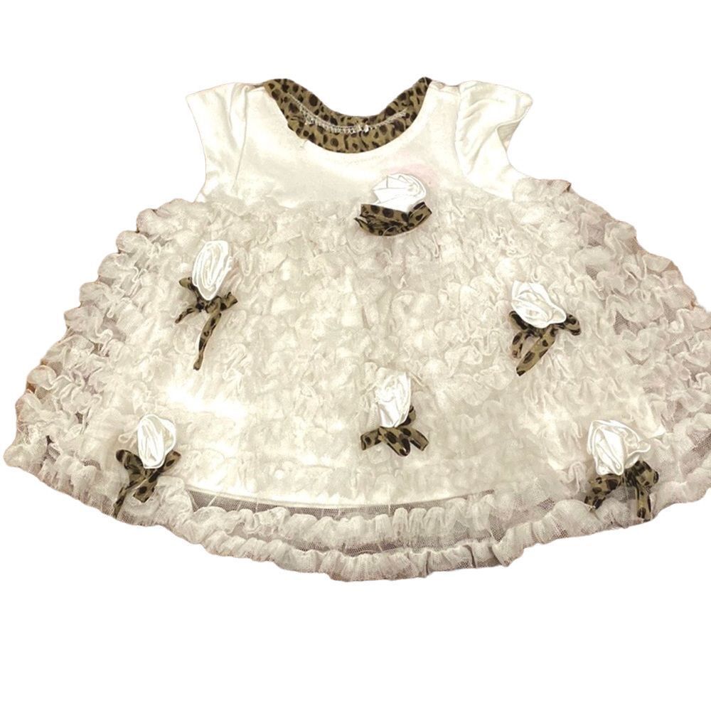 Nanette Baby Fancy Dress Off White Layered Ruffle Rose Bud Leopard Accent O-3 M